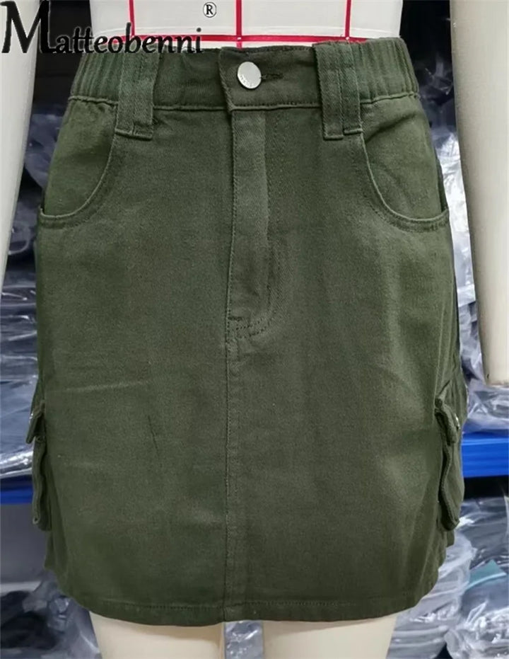 Fashion Half Straight Denim Short Skirt Women Summer Daily Casual Elastic Waist Button Splice Pocket Commuter Female Streetwear