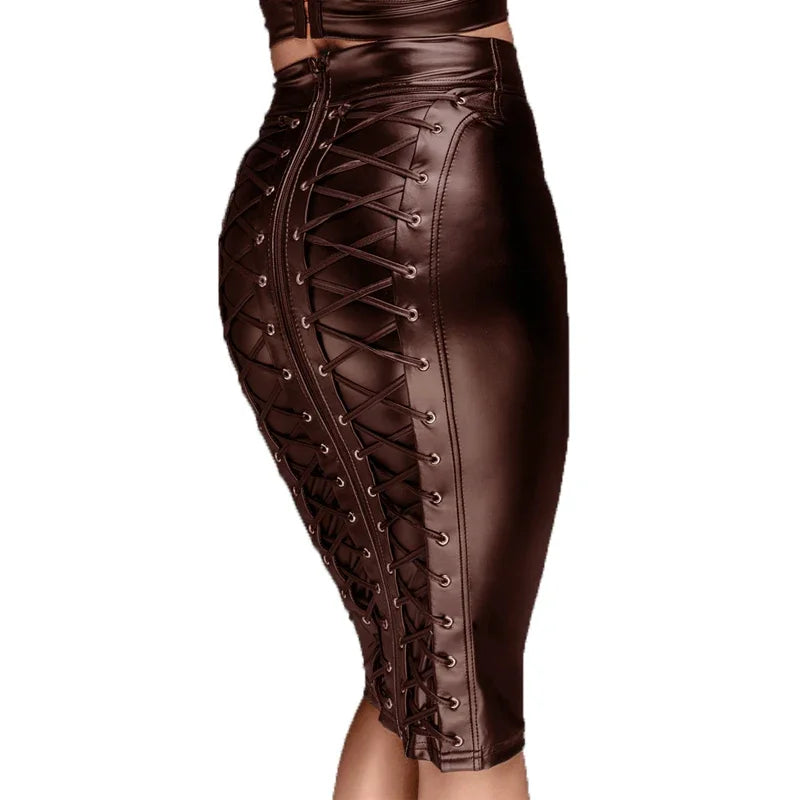 Women Knee Length Skirt Lady Wet Look Faux Leather High Waist Skirts Back Zipper Bodycon Pencil Skirt for Women