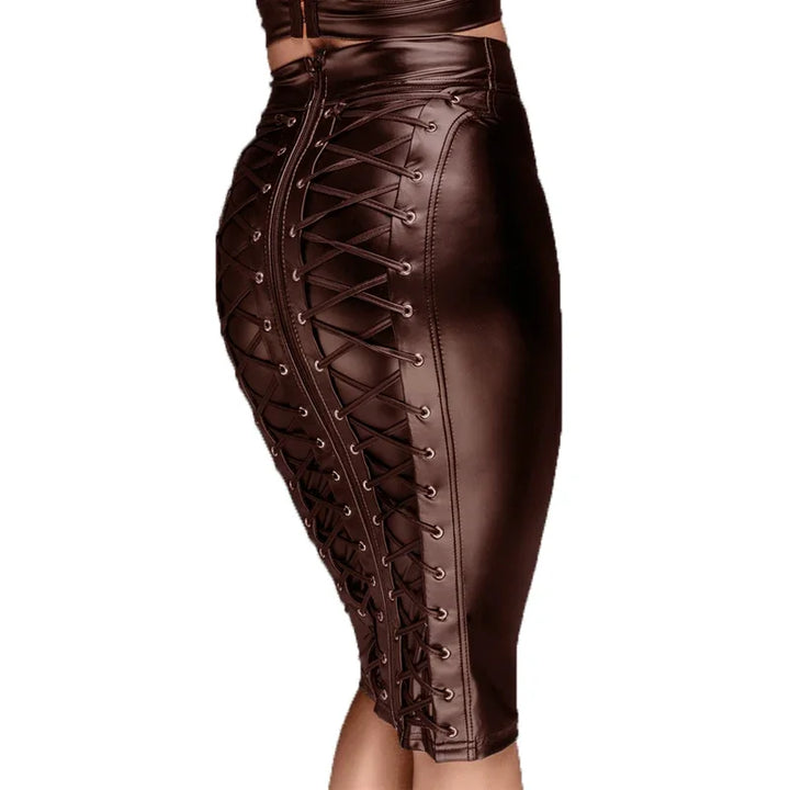 Women Knee Length Skirt Lady Wet Look Faux Leather High Waist Skirts Back Zipper Bodycon Pencil Skirt for Women
