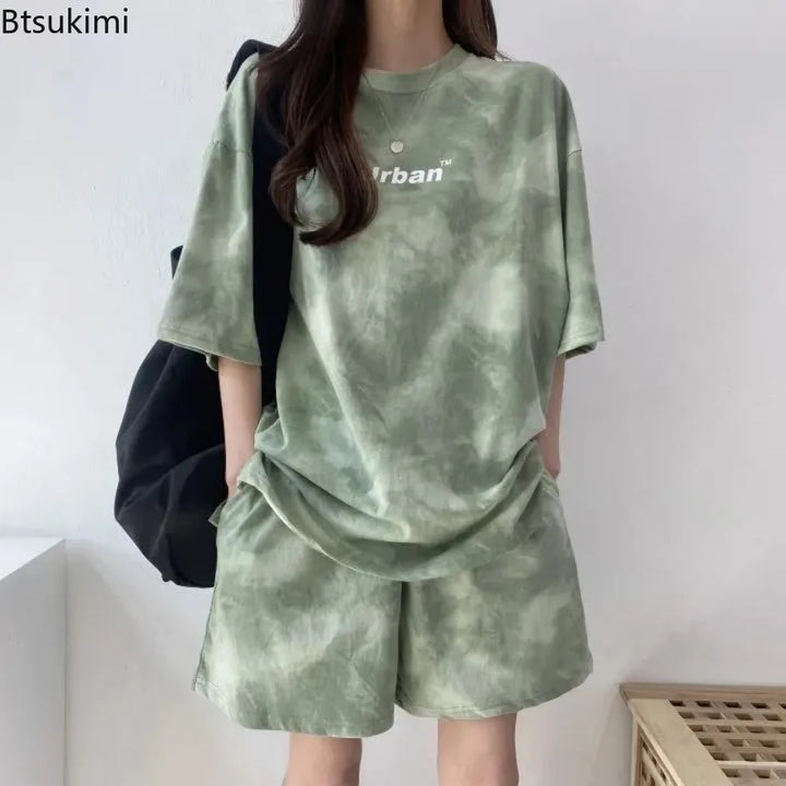 Women T-Shirt Shorts Suit Set Casual Tie Dye Loose Tshirt and Wide Leg Middle Shorts with Pockets Female Soft Summer Shorts Sets