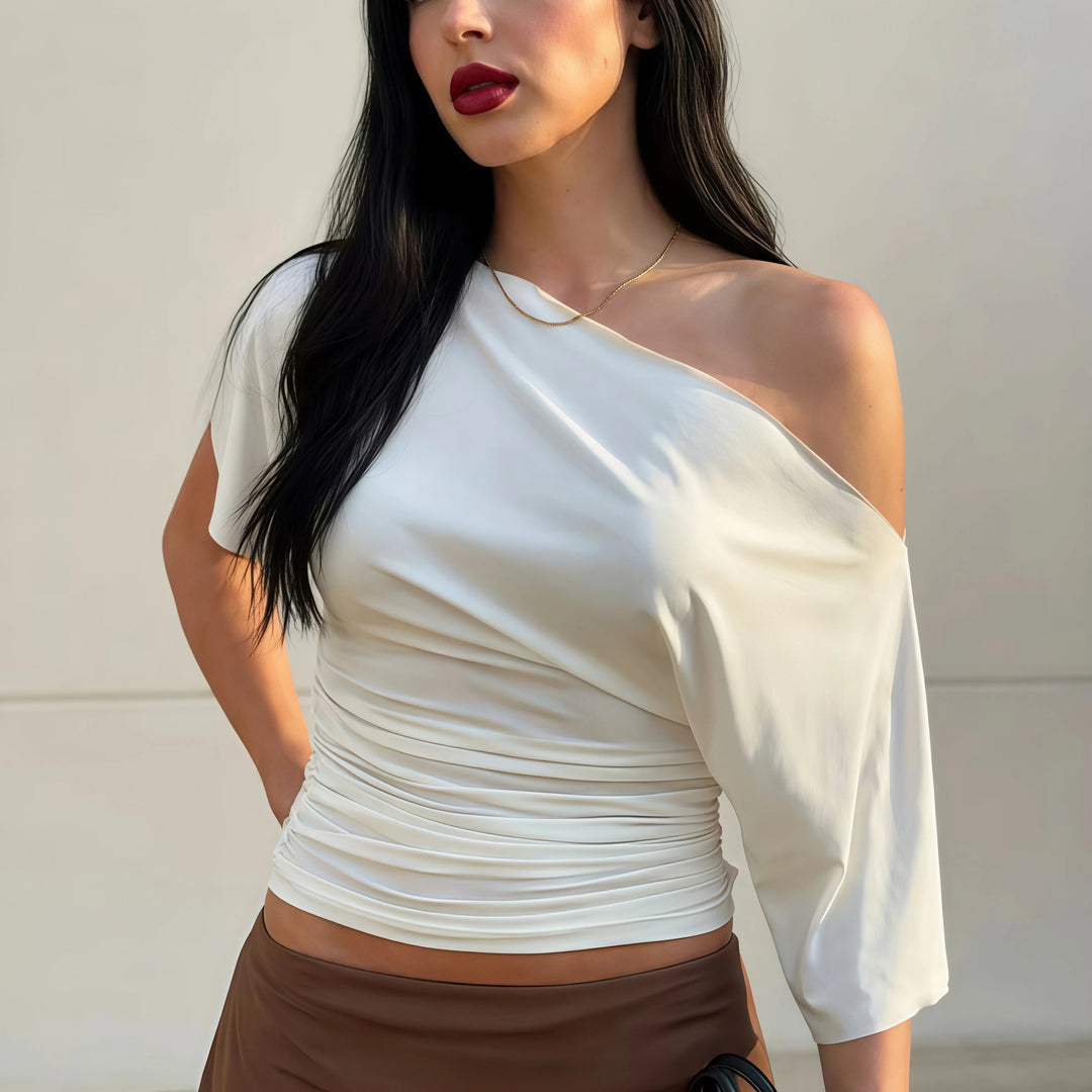 Women One‑Off‑Shoulder Satin T‑Shirt Waist Ruched Slim Fit Crop Top Solid Color Slanted Shoulder Y2K Casual Women Tees Tops