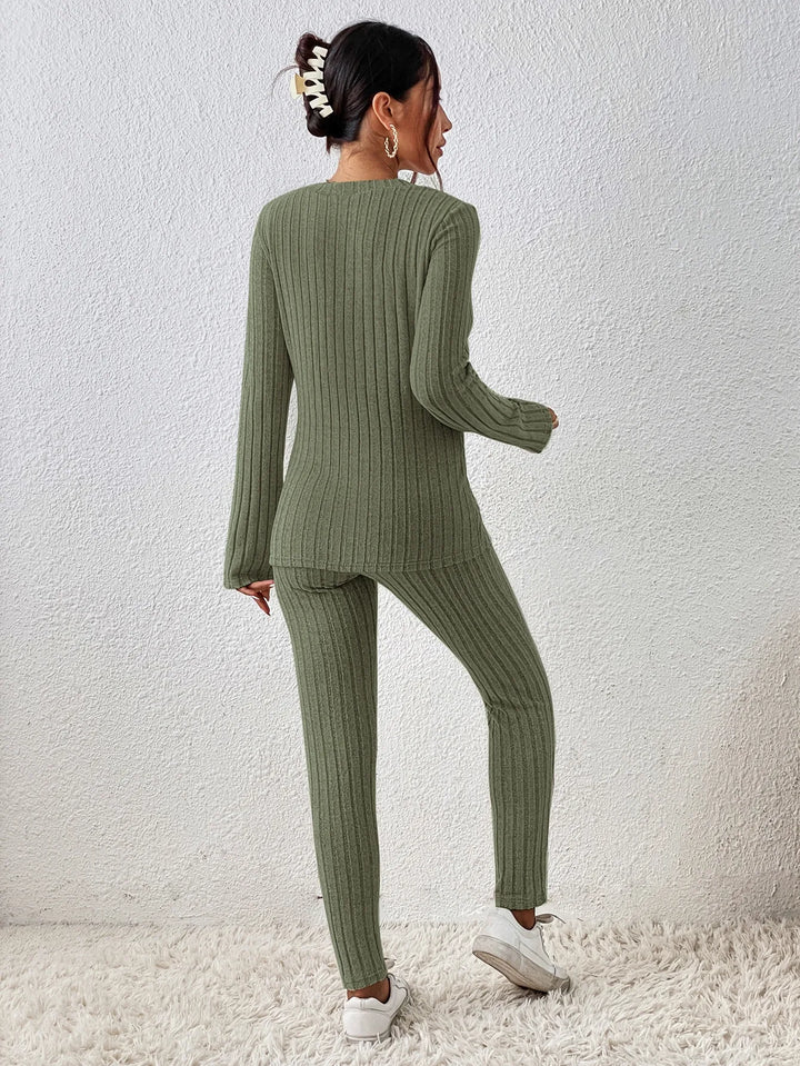 Women 2 Piece Loungewear Set Ribbed Knit Wrap V‑Neck Long Sleeve Top &amp; High Waist Leggings Outfit Set