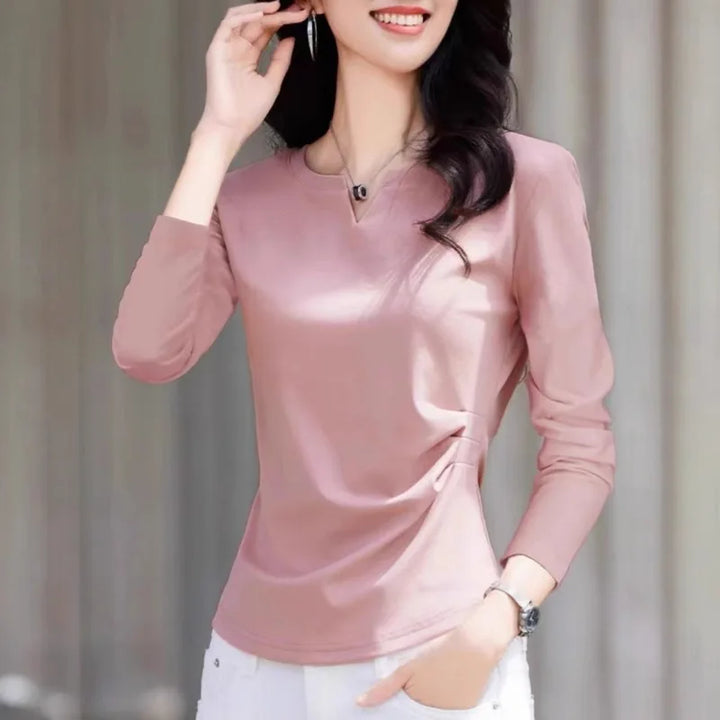 V-neck Long-sleeved T-shirt for Women in Early Autumn 2025 New Pleated Waist Top Temperament and Versatile Base Shirt