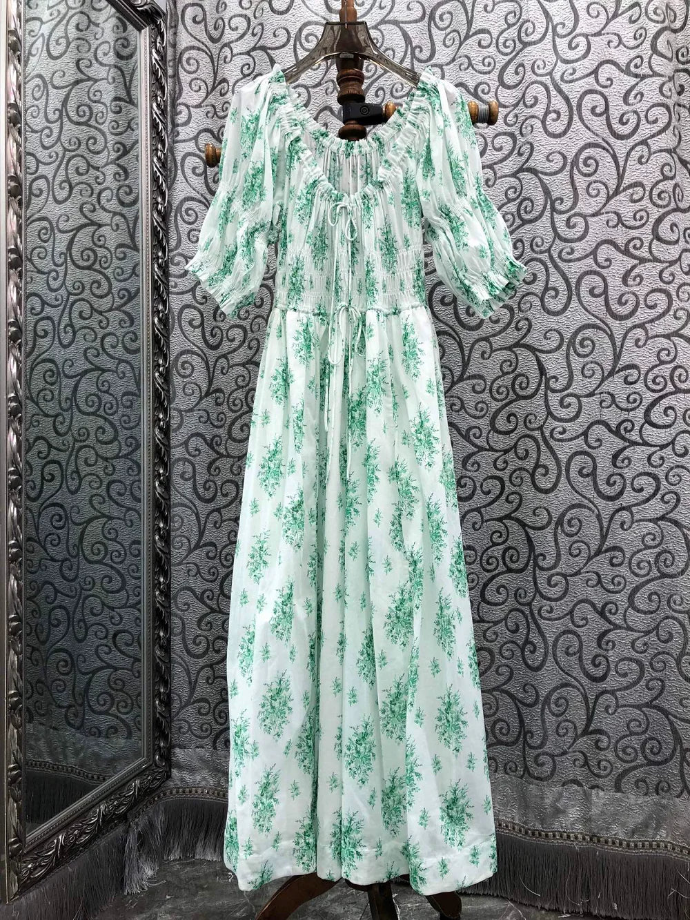 100%Cotton Long Dress 2026 Summer Bohemian Beach Lady Green Leaves Prints Elastic Waist Short Sleeve White Long Maxi Dress