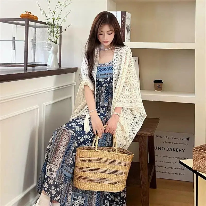 Summer Mesh Lace Beach Cover-Up with Tassels Elegant Sun Protection Shawl for Women