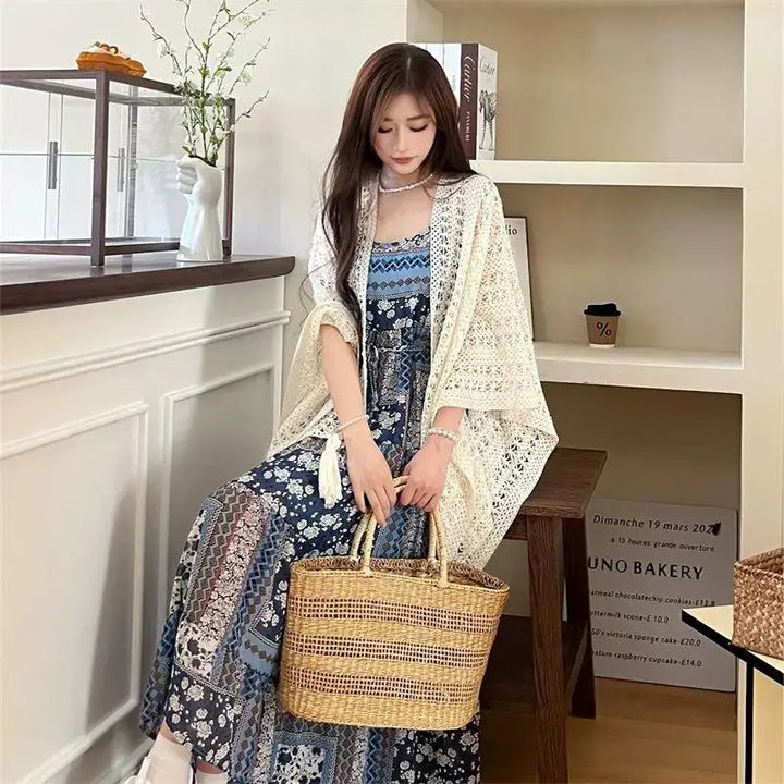 Summer Mesh Lace Beach Cover-Up with Tassels Elegant Sun Protection Shawl for Women