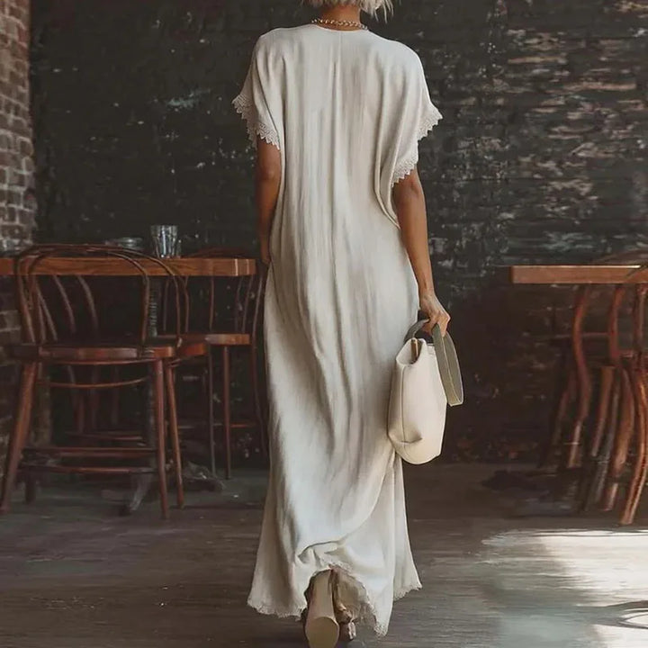 Comfy Loose Fit Linen Cotton Maxi Dress Women Elegant V Neck Lace Trim Casual Dress Spring Summer Short Sleeve Pocket Boho Dress