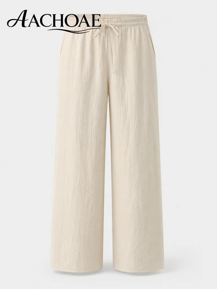 Women Linen Wide Leg Pants Summer Beach Long Pants Casual Drawstring Loose Beach Trousers