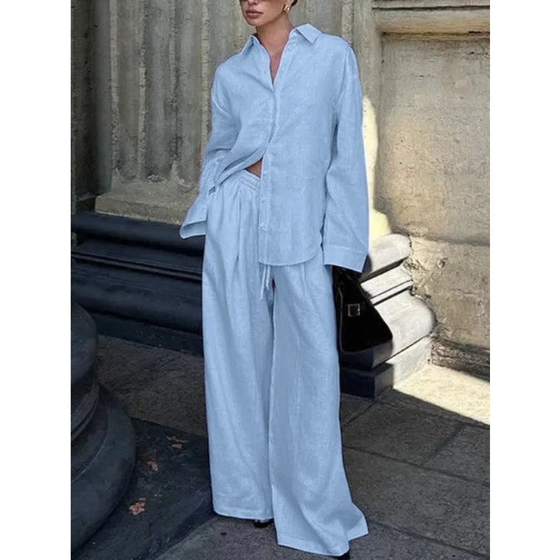 Women Pink Linen Two Piece Set Oversized Long Sleeve Shirt Elastic Waist Wide Leg Pants Casual Outfit