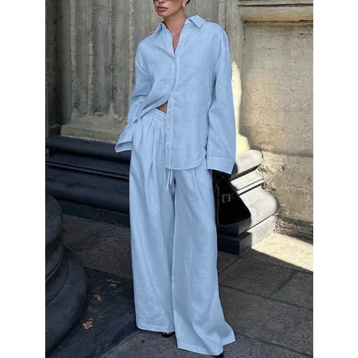 Women Pink Linen Two Piece Set Oversized Long Sleeve Shirt Elastic Waist Wide Leg Pants Casual Outfit