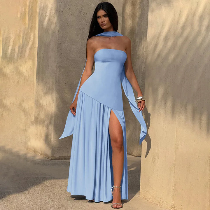 Elegant Strapless Maxi Dress Women Chic Scarf Neck High Split Long Evening Dress Bodycon Prom Party Wedding Guest Vestidos