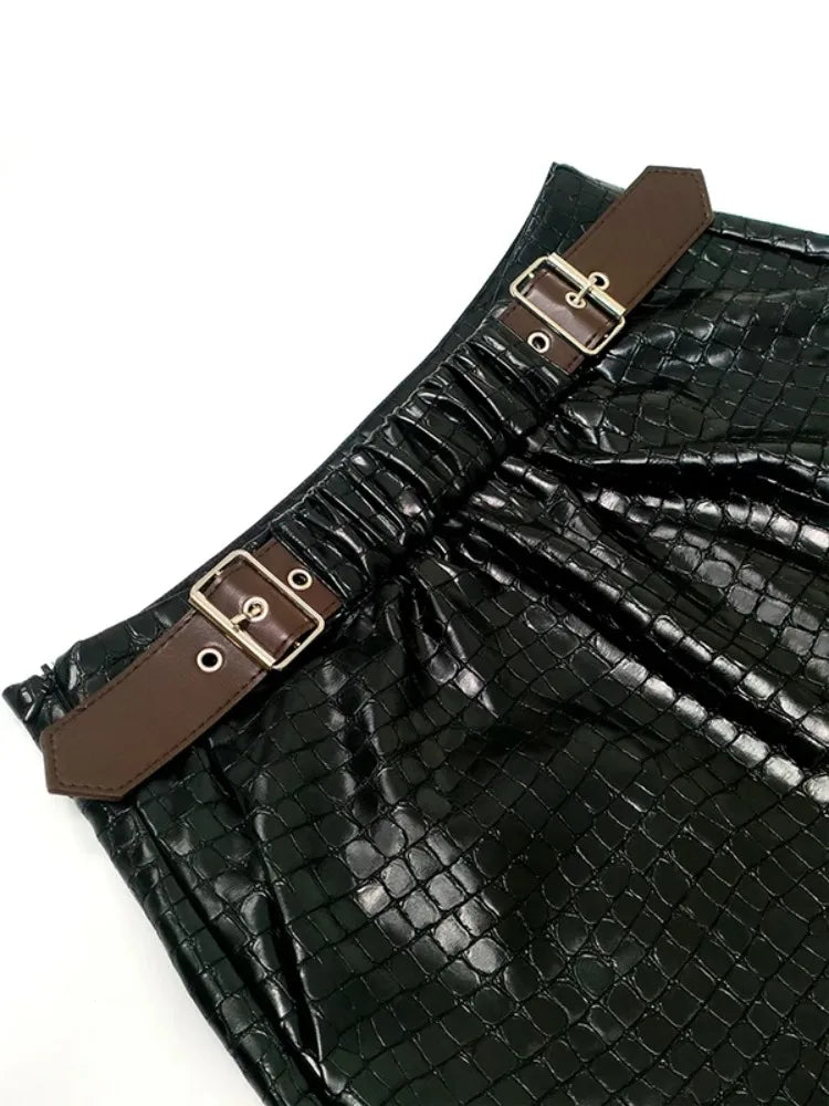 UOOZEE 2026 New Trendy Crocodile Printed Faux Leather Black Pants for Women Wide Leg High Waisted Buckle Belt Palazzo Trousers
