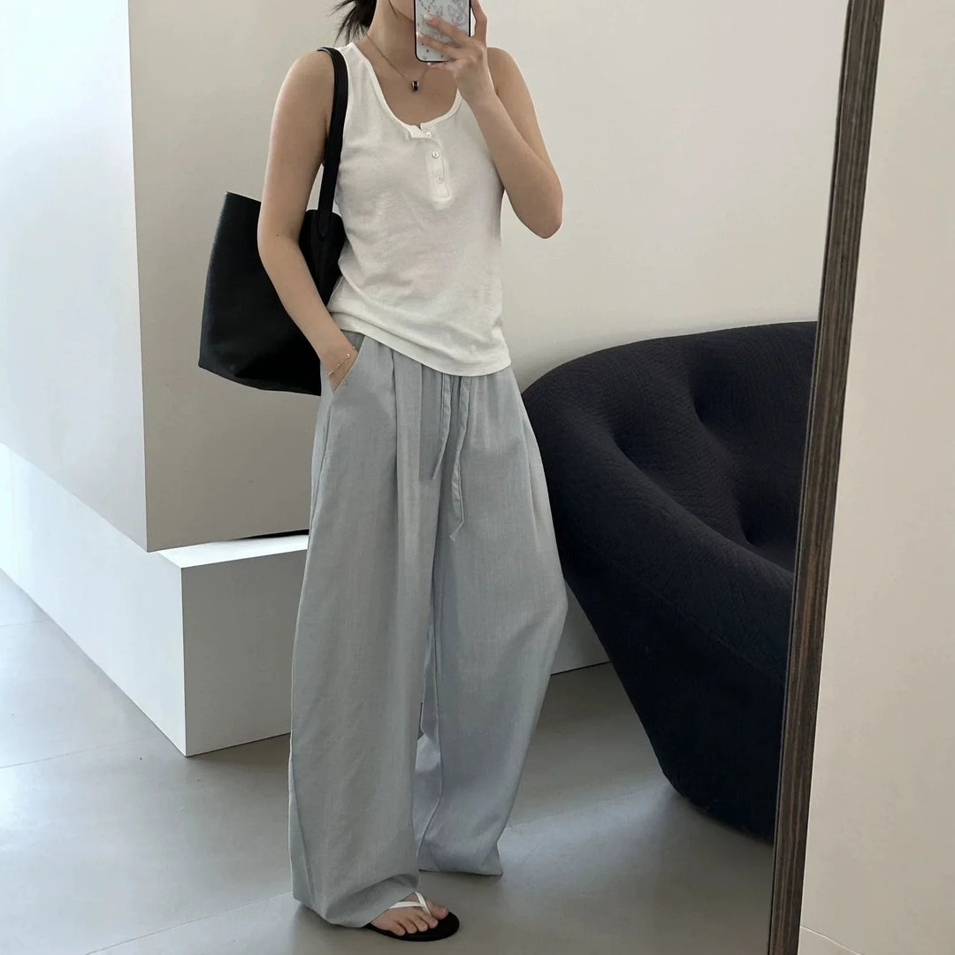Linen Ice Silk Wide Leg Pants for Women Floor Length Curved Leg Casual with Safety Lining Fully Hemmed Trousers