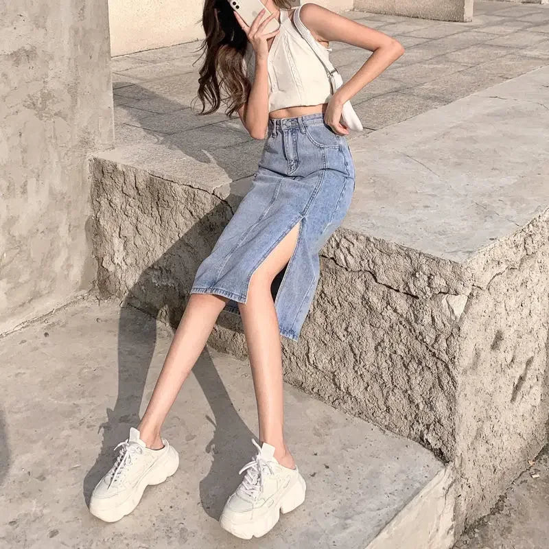 Female Jeans Skirts Midi Blue High Waist With Slit Women&