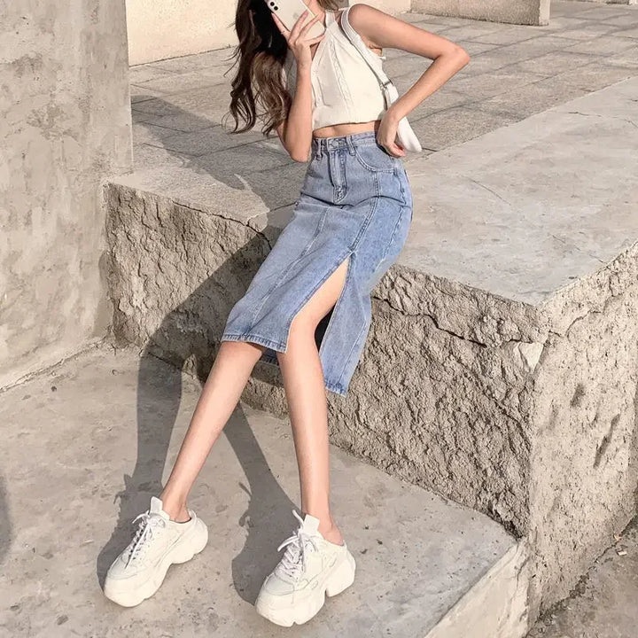 Female Jeans Skirts Midi Blue High Waist With Slit Women&