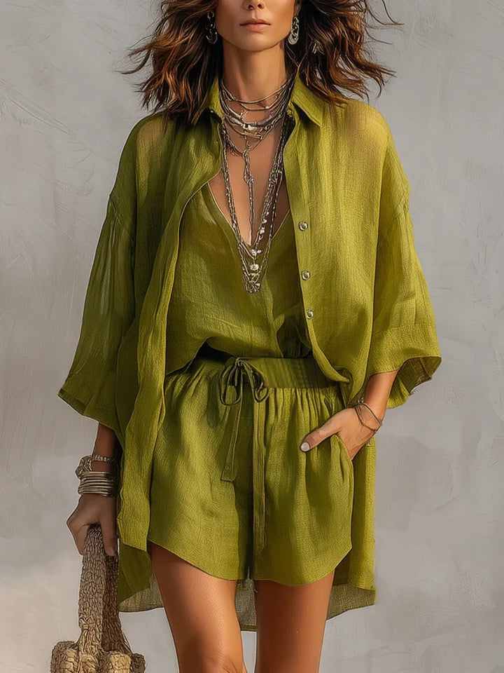 Women Lapel Three Quarter Sleeve Shirt Cami Top Drawstring Shorts 3 Piece Linen Outfit Casual Vacation Matching Set