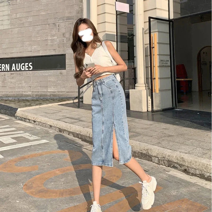 Female Jeans Skirts Midi Blue High Waist With Slit Women&