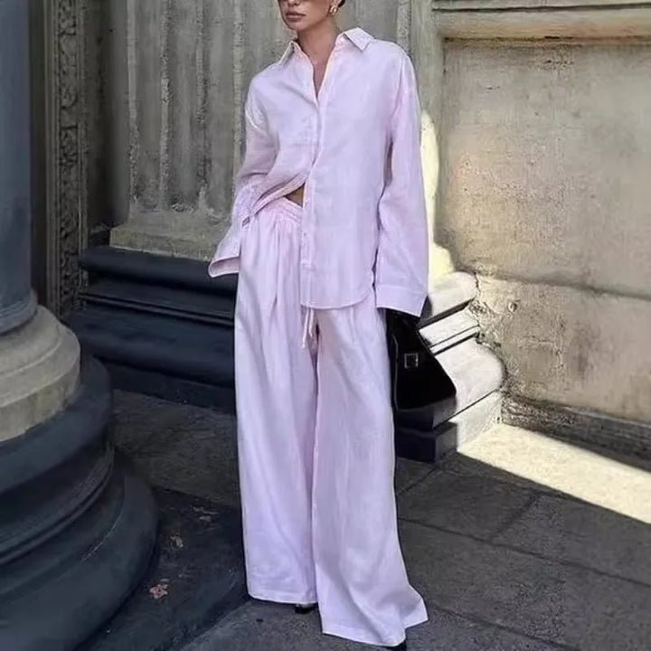 Women Pink Linen Two Piece Set Oversized Long Sleeve Shirt Elastic Waist Wide Leg Pants Casual Outfit