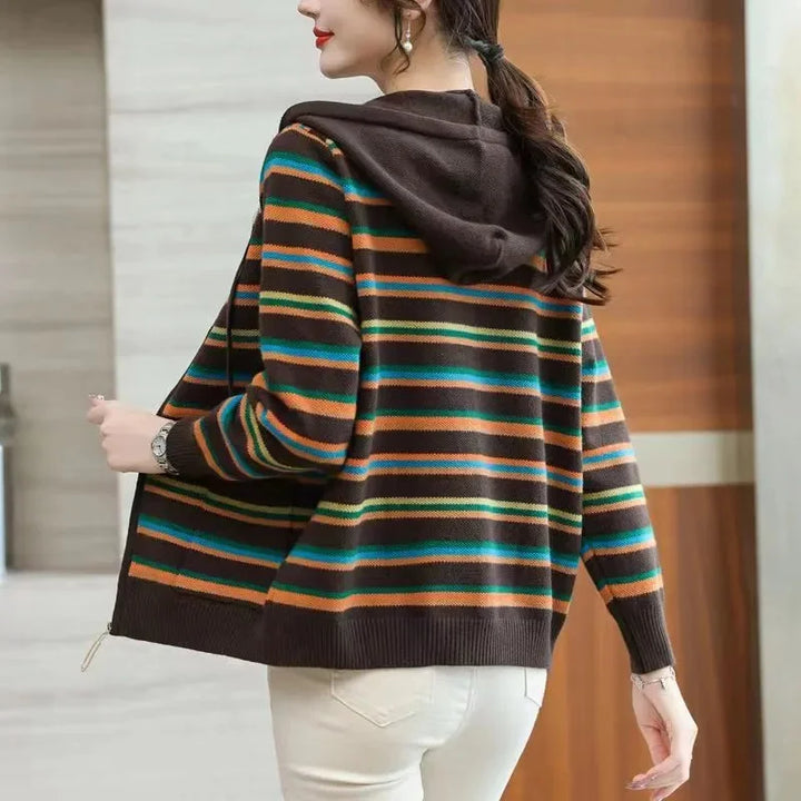 2026 New Knitwear Western Striped Sweater Female Hooded Sportshirt Coat Women&