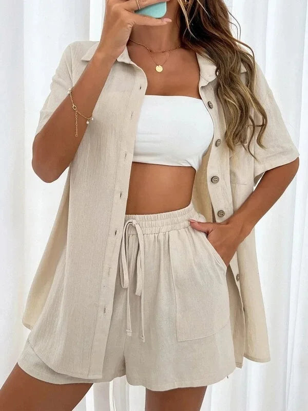 Fashion Women Shirt + Shorts Two Piece Set Solid Color Shirt Suit 2025 New Casual Loose Short Sleeve Single Breasted Women&