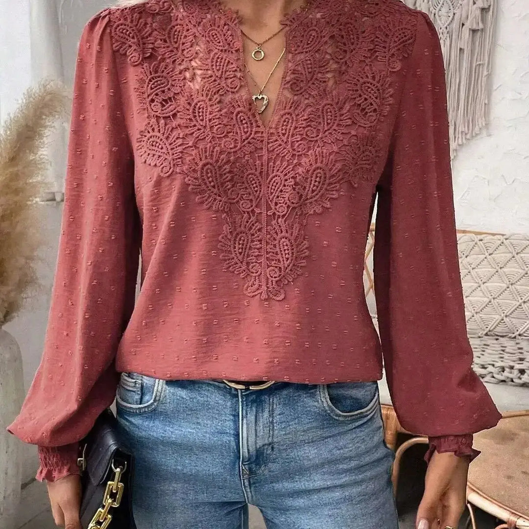 2026 New V-Neck Lace Splicing Long Sleeve Casual Shirt Women&
