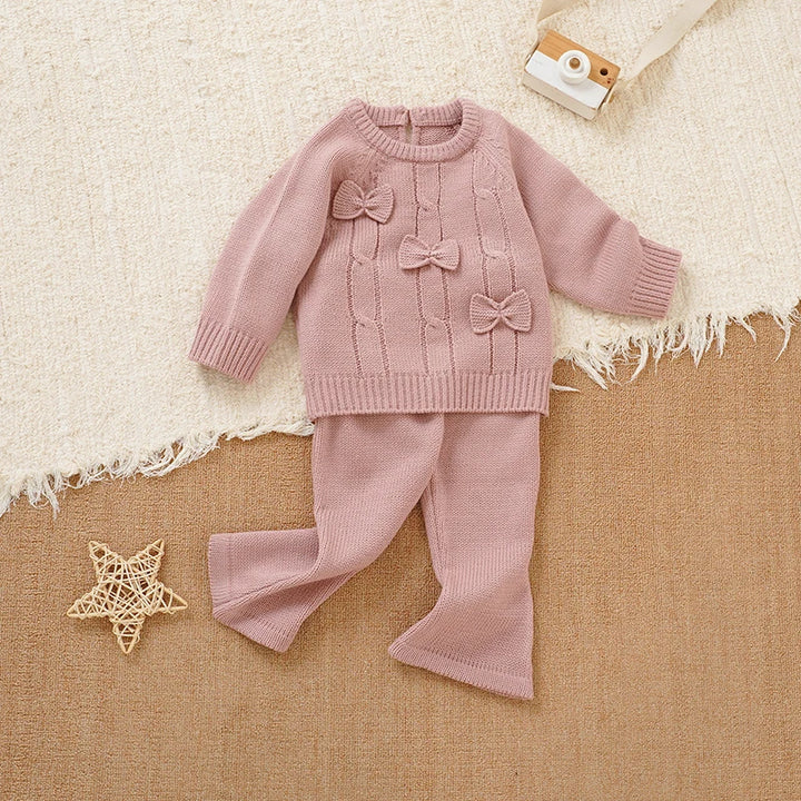 Winter Warm Knitted 2 Piece Set for Toddler Girls Cotton Full Sleeve Sweater+Trousers Outfits Pink Outwear Infant Knitwear Suits