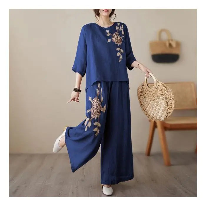 Linen Cotton Two Piece Set Women Embroidery Top Wide Leg Pants 2026 Summer Loose Fit Casual Mother Outfit for Daily Wear