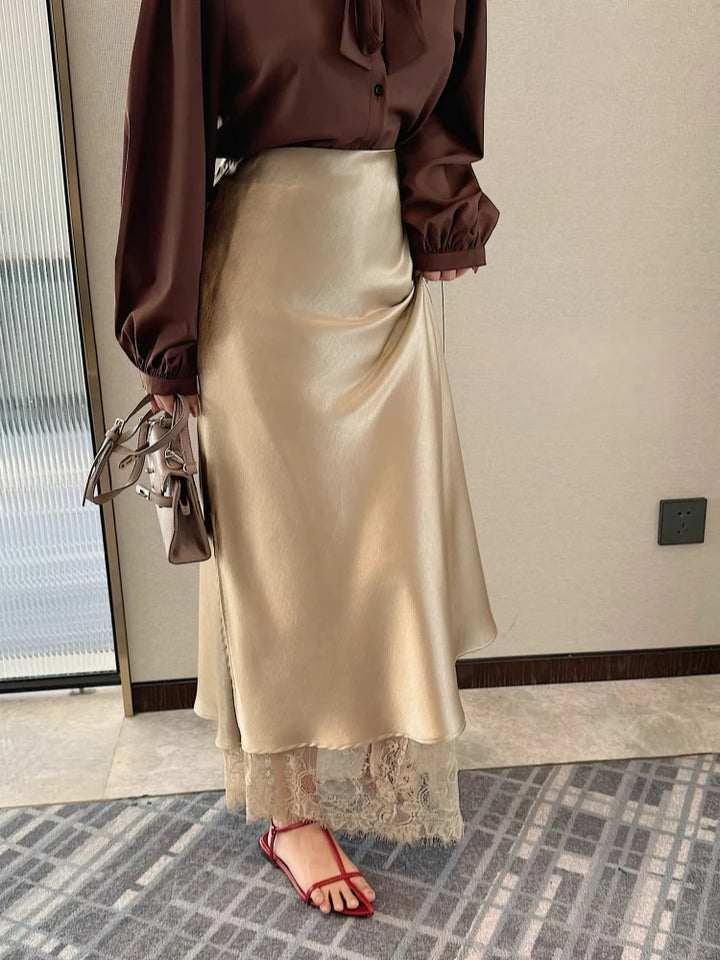 Women Satin Midi Skirt with Lace Trim High Waist Slip Elegant Silky Long Skirt Casual Daily, Dating, Office Outfits