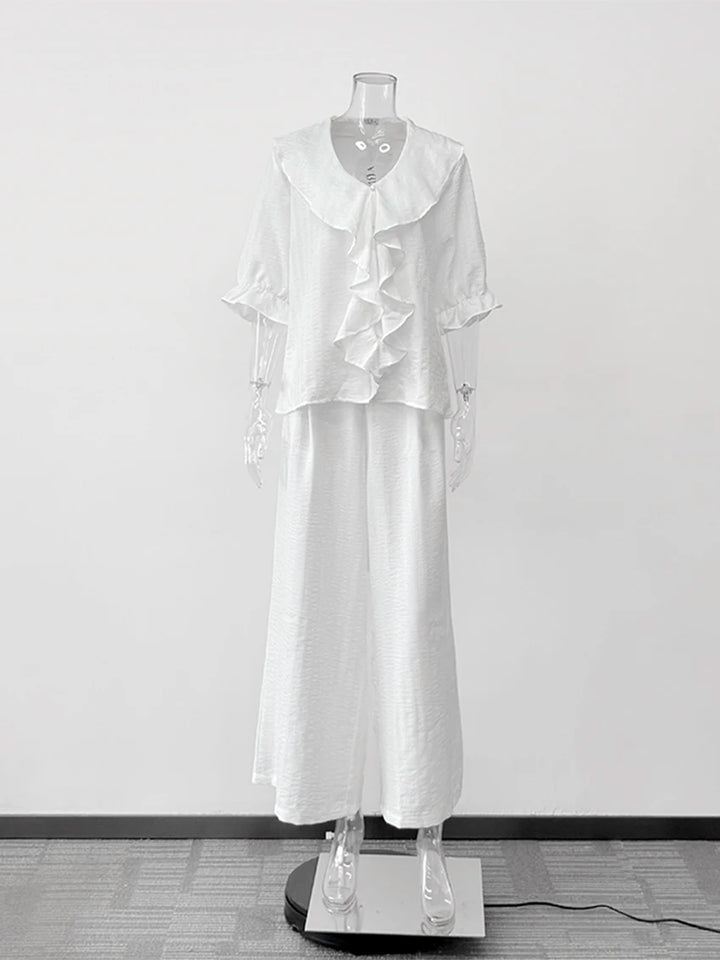 Women Linen Pajama 2 Piece Set Short Sleeve Front Ruffle Shirt PJs Pants Lounge Cute Sleepwear Casual Homewear Set