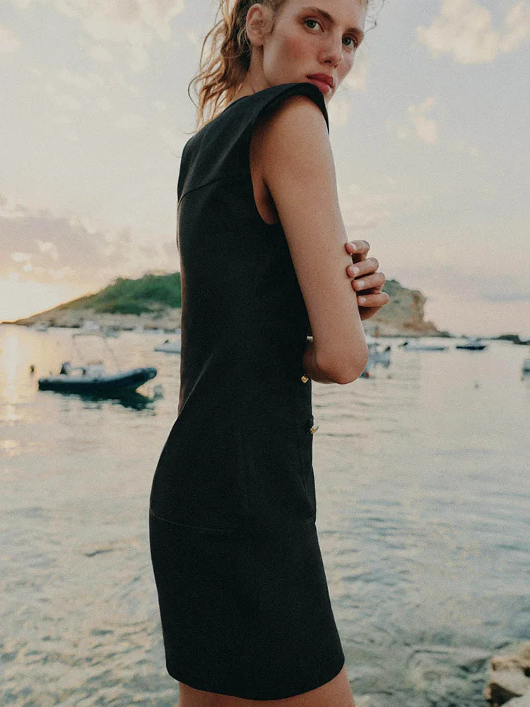 Summer New Women's Sleeveless round Neck Padded Shoulder Rope Knot Dress Short Dress Formal Occasion Party Wear Other 100%