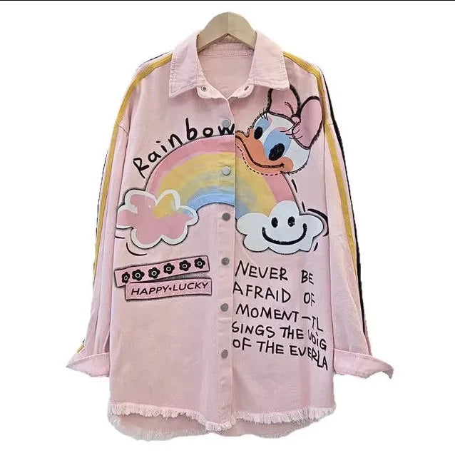 European and American Fashion Brand Outerwear with Cartoon Print Embroidery and Patchwork, Fashionable Loose Jacket 2026