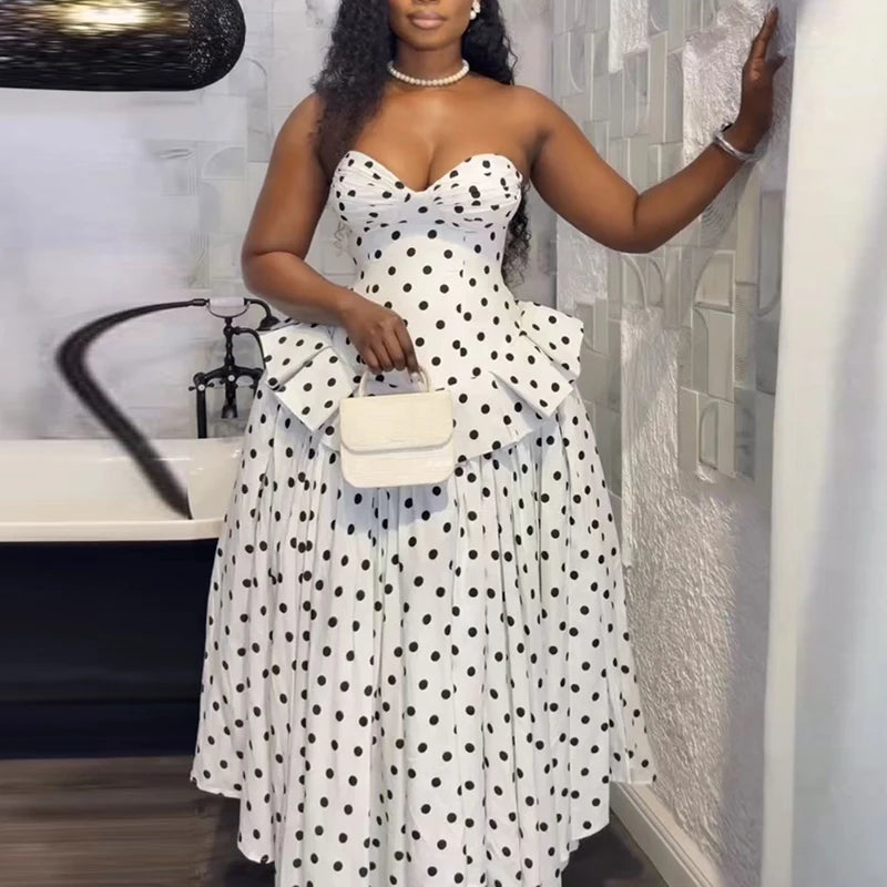 Fashion Hight Waist Summer Maxi Dress Vintage Polka Dot Ruffle Trim Long Dress  Women Sexy Sleeveless Lace Up Swing Party Dress
