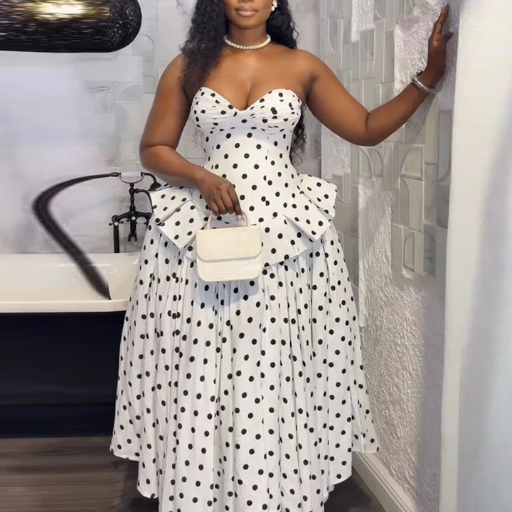 Fashion Hight Waist Summer Maxi Dress Vintage Polka Dot Ruffle Trim Long Dress  Women Sexy Sleeveless Lace Up Swing Party Dress