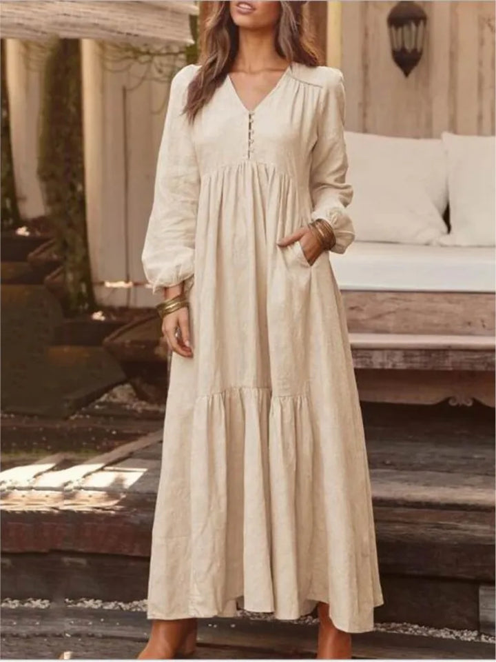 Cotton And Linen Vintage Style Long Dress For Women Casual V Neck Long Sleeve Loose Maxi Dresses Female Elegant Women&