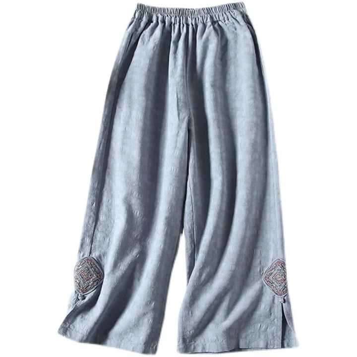 Women Linen Wide Leg Pants Elastic Waist Embroidery Patch Split Hem Loose Casual Ankle Trousers