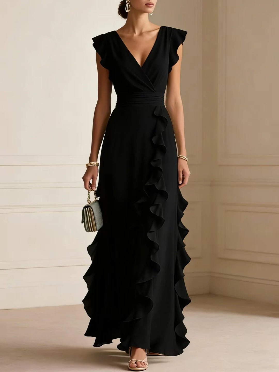 Women V Neck Ruffle Maxi Dress Sleeveless Chiffon Long Dress Wedding Guest Evening Party Formal Dress