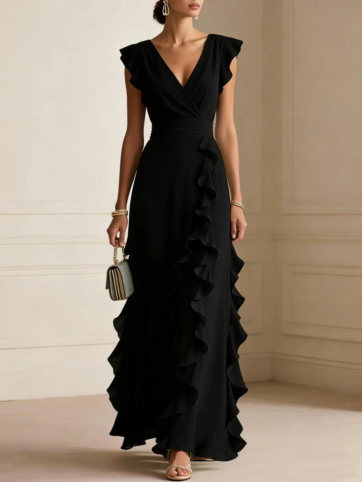Women V Neck Ruffle Maxi Dress Sleeveless Chiffon Long Dress Wedding Guest Evening Party Formal Dress