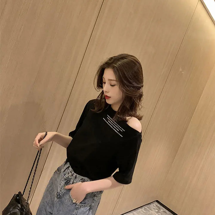 Off-the-shoulder T-shirt Women Short Sleeve 2025 Summer New Korean Version Loose Off-shoulder Short Sleeve Top