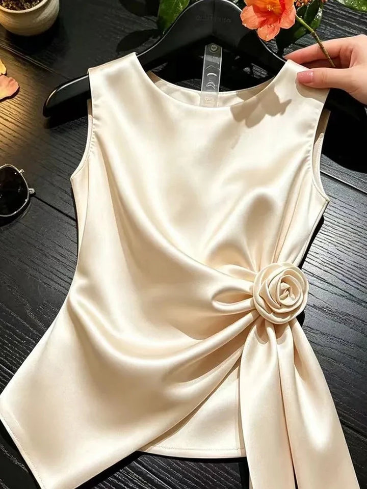 Elegant Chic Satin Tanks Women Slim O Neck 3D Floral Fashion Sexy Tanks Summer Casual Lady Sweet Solid Design Ins Sleeveless Top
