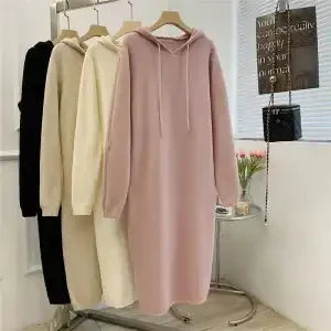 Women Hooded Knit Sweater Dress Long Sleeve Loose Slim Midi Dress Inner Wear For Overcoat Casual Knitwear