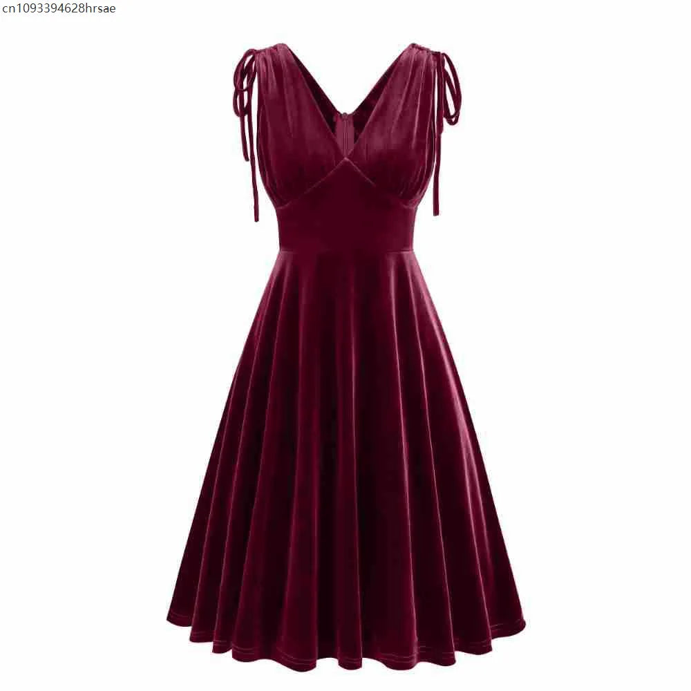 Women Vintage Velvet Dress Pleated Sleeveless Bow Drawstring Waist Dresses Elegant V Neck Solid Evening Gowns Retro Party Outfit