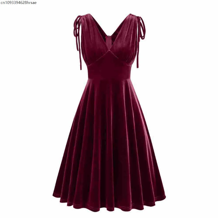 Women Vintage Velvet Dress Pleated Sleeveless Bow Drawstring Waist Dresses Elegant V Neck Solid Evening Gowns Retro Party Outfit