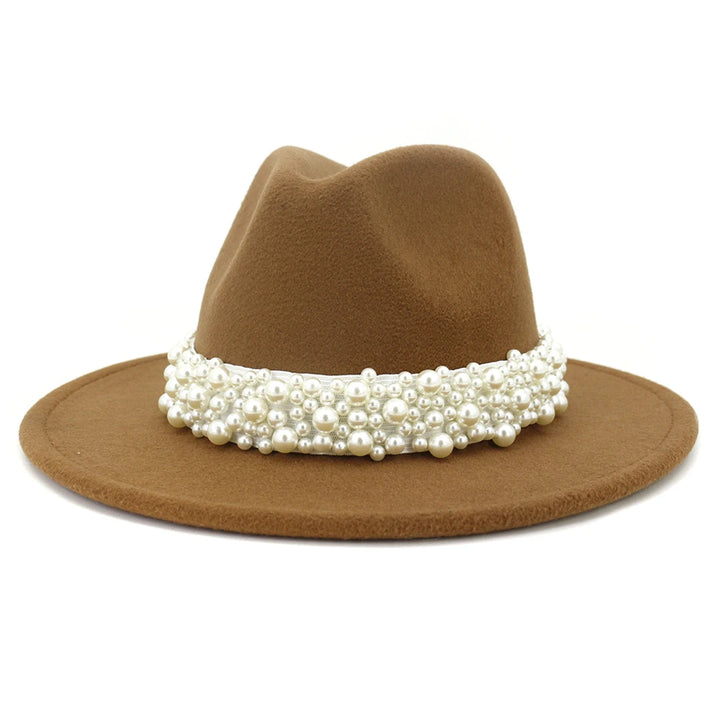 Fedora Hats for Women Wool Felt Panama Hat with Pearl Band Wide Brim Felt Hat Classic Trilby Jazz Hat Church Hats Women Elegant