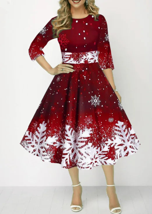 Winter Christmas Dresses Women Vintage Robe Swing Elegant Half Sleeve Casual Print Party Dress