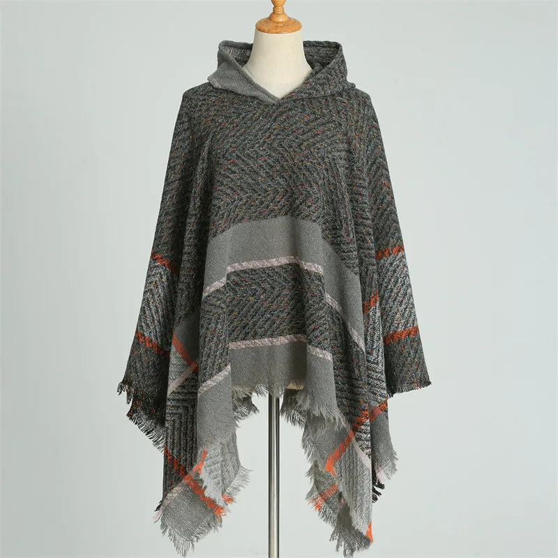 Knitted Imitation Cashmere Poncho Scarf Shawl Hooded Cape Pullover Cloak Scarves Tassels Coat Elegant Casual Outerwear for Women