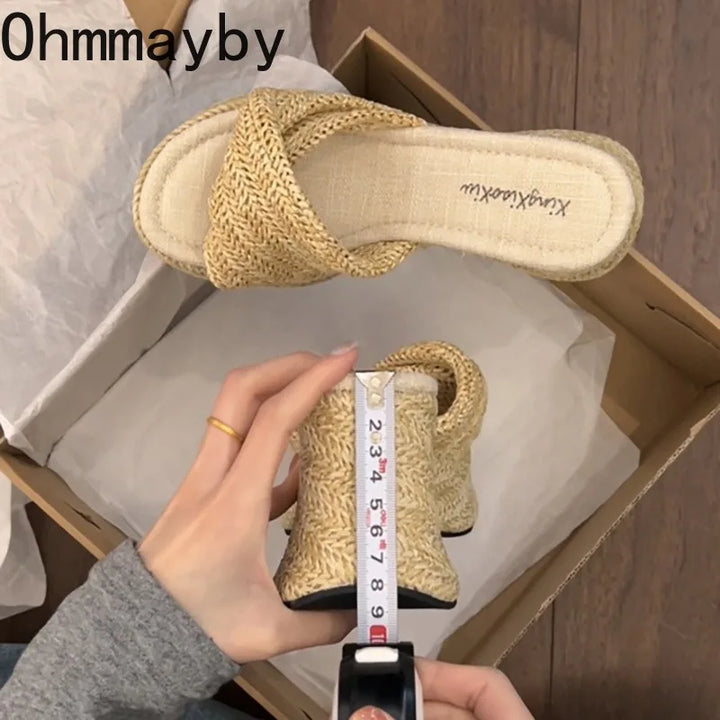 Summer Women Straw Woven Platform Slippers Fashion Bohemian Wedges Heel Slides Open Toe Ladies Elegant Party Dress Sandalias