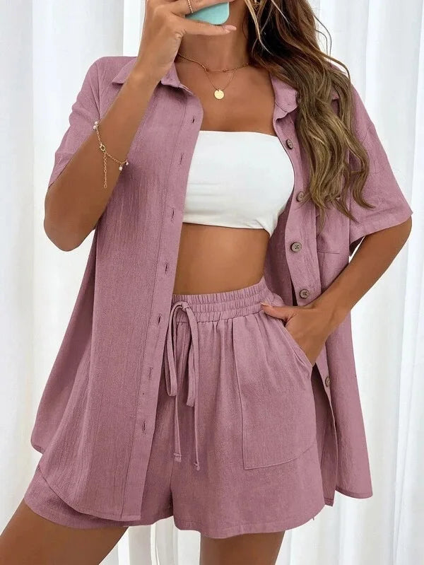 Fashion Women Shirt + Shorts Two Piece Set Solid Color Shirt Suit 2025 New Casual Loose Short Sleeve Single Breasted Women&