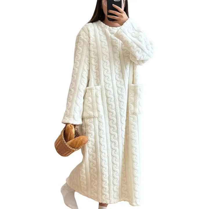 Winter Women Flannel Nightgowns Long Sleeve Double Pocket Loose Solid Sleepwear Jacquard Night Dress Thickened Warm Nightdress