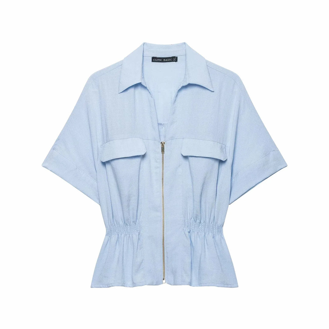 Women Light Blue 2-Piece Set Lapel Zipper Short Sleeve Cropped Shirt + Elastic Waist Wide Leg Pants Casual Office Lady Suit