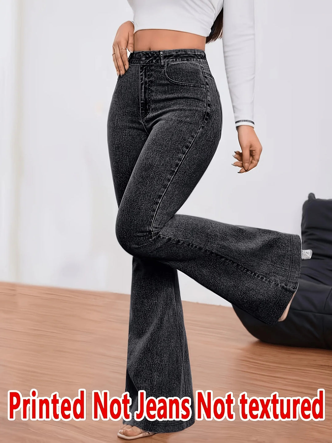 Women Faux Denim Print Flare Pants High Waist Stretch Bootcut Leggings Fake Jeans Bell Bottom Long Trousers